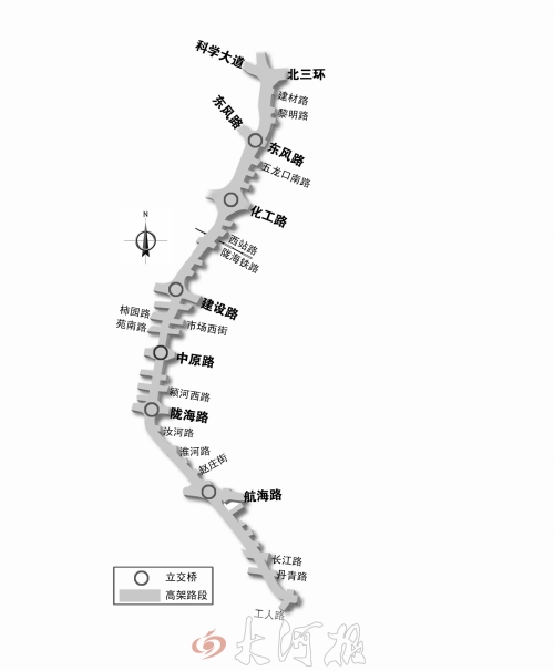 截至目前，僅剩西三環(huán)跨長江路、丹青路高架橋金水河處一座箱梁尚未澆筑。