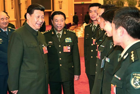 中共中央總書記、中共中央軍委主席習近平出席十二屆全國人大一次會議解放軍代表團全體會議并發(fā)表重要講話。