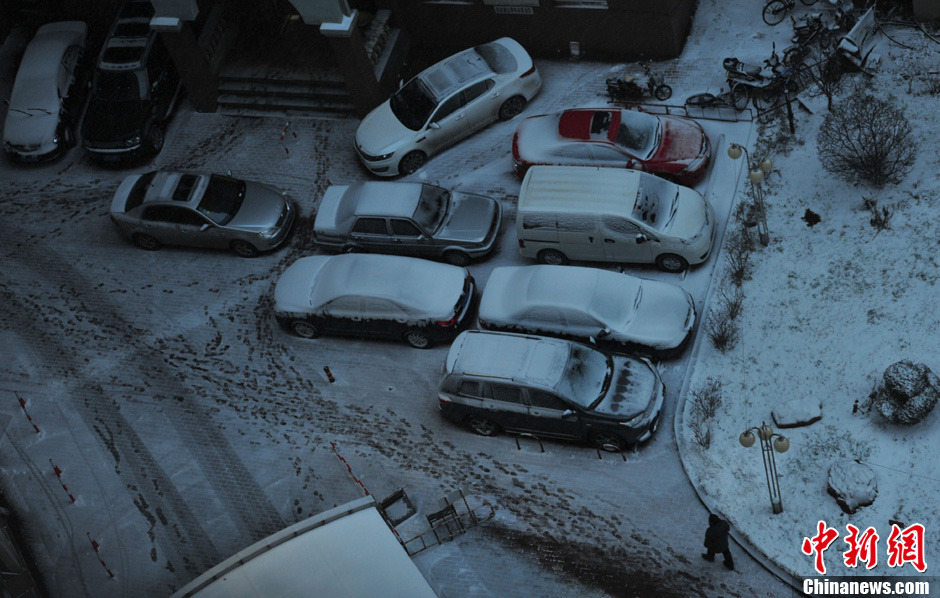 11月18日，沈陽街頭車輛被積雪覆蓋。