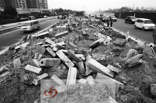 中州大道部分路段，綠化帶成了垃圾場。
