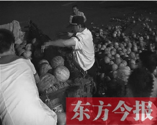昨日凌晨，鄭州街頭，眾多愛(ài)心市民幫瓜農(nóng)撿拾西瓜