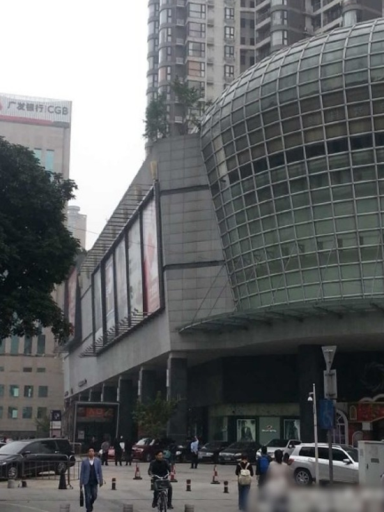 一輛停在停車位上的寶馬轎車，被墜落的樹枝砸中，樹枝徑直插入車內，現場引發不少市民圍觀拍照。
