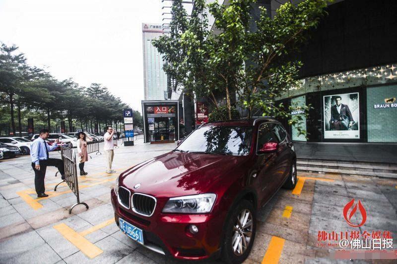 一輛停在停車位上的寶馬轎車，被墜落的樹枝砸中，樹枝徑直插入車內，現場引發不少市民圍觀拍照。