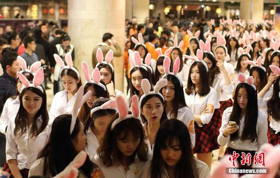 11月11日晚，一百位統(tǒng)一打扮的“兔女郎”現(xiàn)身南京新街口，逛街看電影玩快閃，走到哪里都被圍觀。