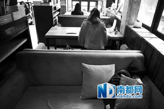 12月12日上午，不打烊書店里，12歲的楊東吃完午飯后抱著抱枕蜷在沙發(fā)里睡覺(jué)。